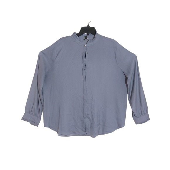 Ann Taylor Tops - Ann Taylor Womens Gray Long Sleeve Ruffle Neck Button Front Blouse Shirt Size XL